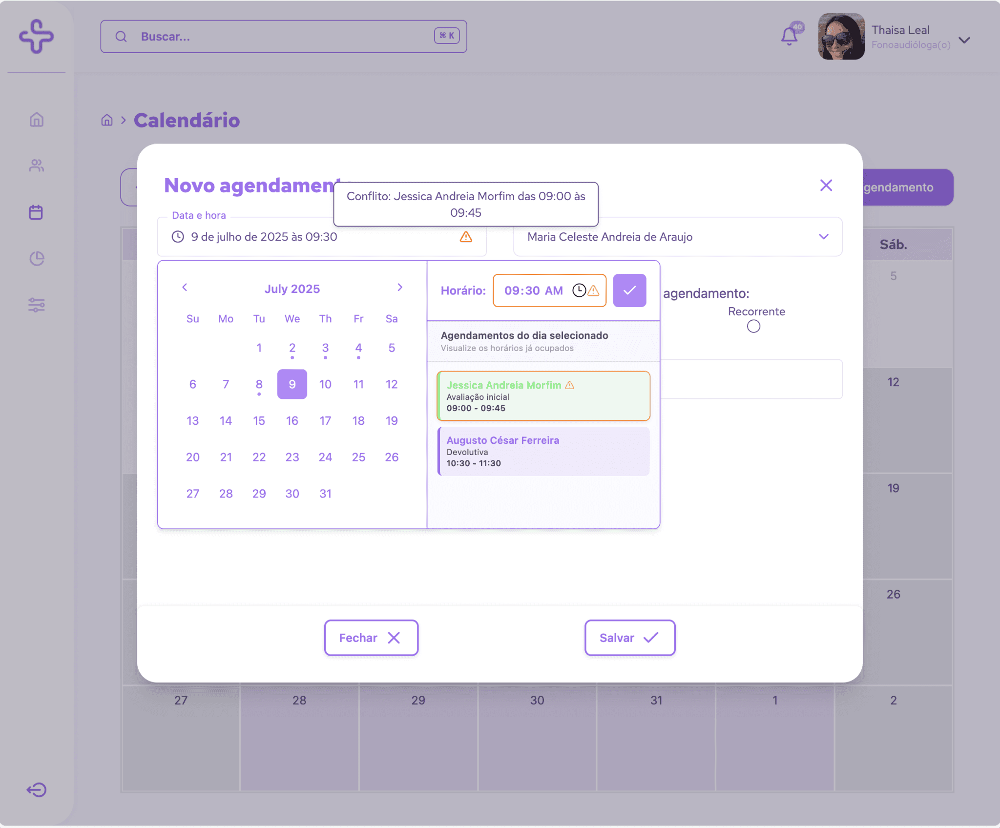 Calendario integrado facilitando o agendamento