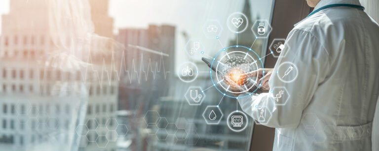 Medical tech science ai technology, innovative iot global healthcare with doctor on telehealth, telemedicine service analyzing online patient health record information data in hospital lab background