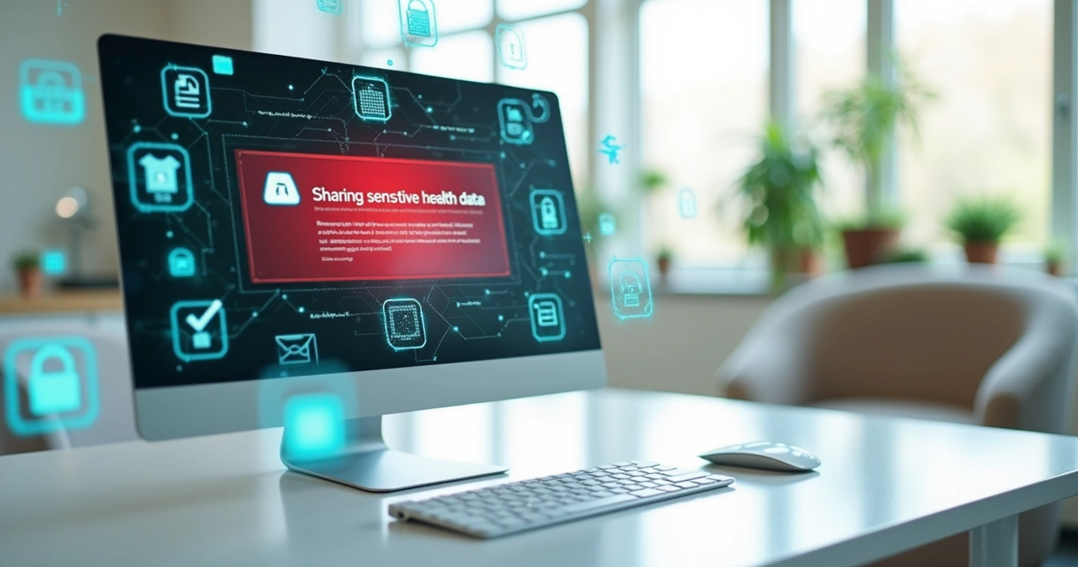 Computador moderno exibindo alerta de segurança sobre compartilhamento de dados sensíveis de saúde