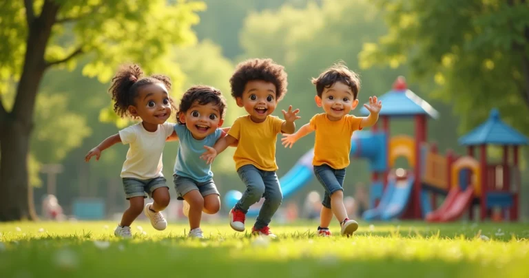 Crianças pequenas brincando juntas em um parque, mostrando diversidade étnica, em um dia ensolarado com árvores ao fundo