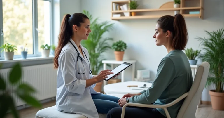 Terapeuta registrando informações clínicas em prontuário digital durante atendimento a paciente em ambiente terapêutico organizado