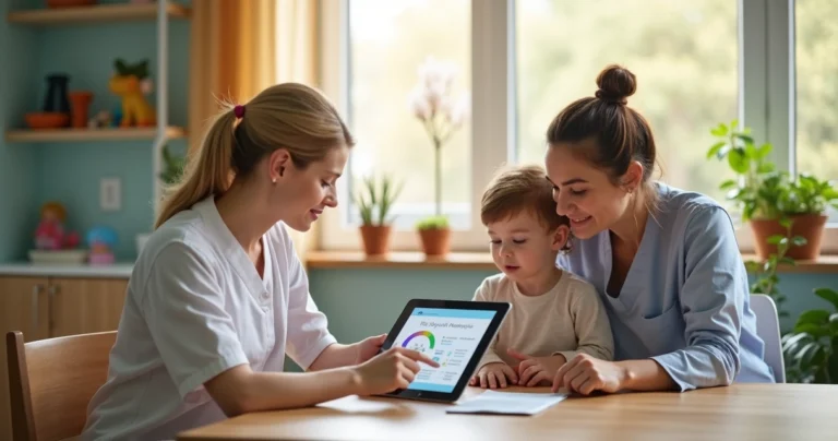 Terapeuta com criança e mãe discutindo plano de reabilitação em ambiente clínico iluminado e acolhedor