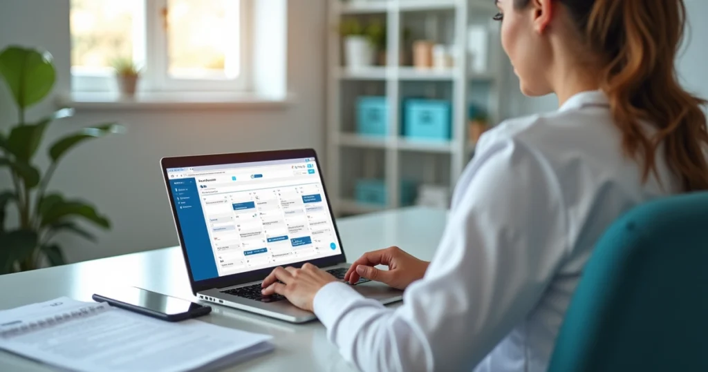 Terapeuta utilizando prontuário digital em laptop com agenda online em tela, em ambiente clínico organizado com luz natural