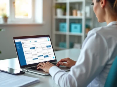 Terapeuta utilizando prontuário digital em laptop com agenda online em tela, em ambiente clínico organizado com luz natural