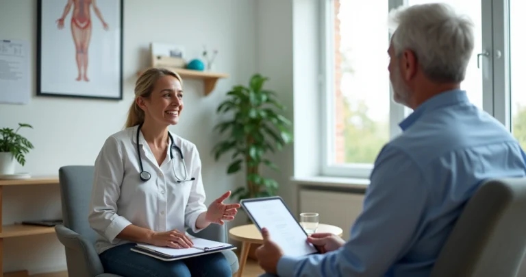 Terapeuta de reabilitação ouvindo atentamente paciente em sessão clínica