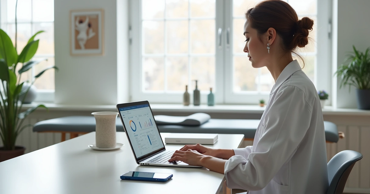 Fisioterapeuta autônomo usando software de gestão no notebook ao lado de paciente em consultório