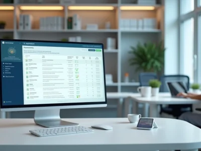 Tela de computador com inteligência artificial aprovando renovação de receita médica sob supervisão remota de profissional de saúde