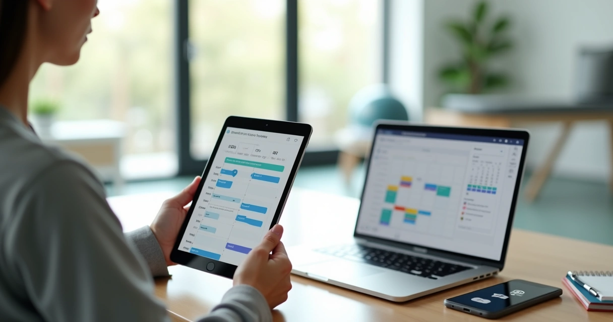 Terapeuta organizando agenda clínica durante um intervalo no consultório