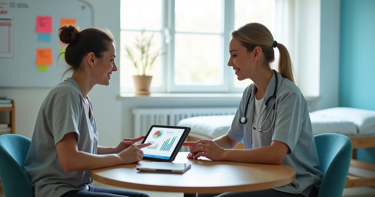 Terapeuta de reabilitação conversando com paciente que participa ativamente do plano de tratamento