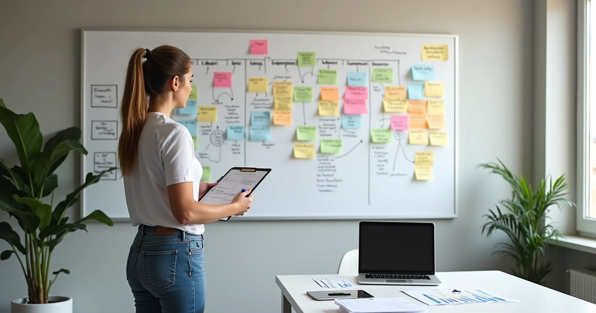 Terapeuta de reabilitação em pé diante de quadro colorido com organograma financeiro da clínica