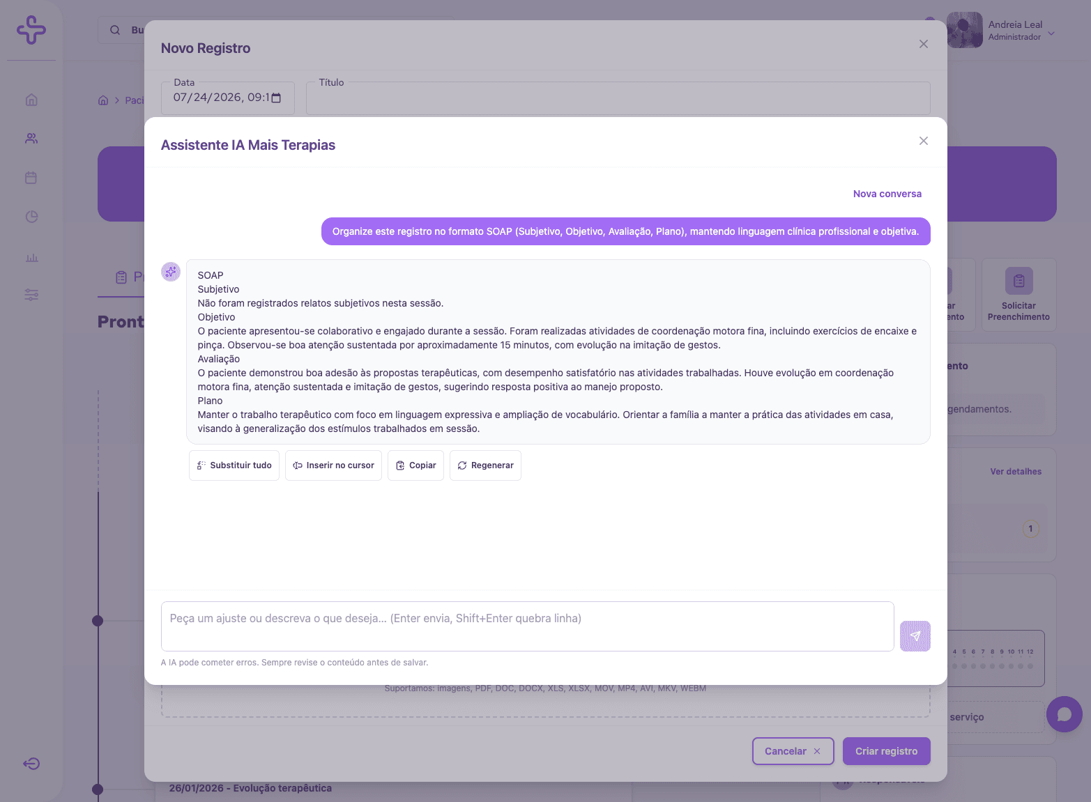Assistente de IA do Mais Terapias em chat transformando a evolucao em registro clinico no formato SOAP para terapeutas